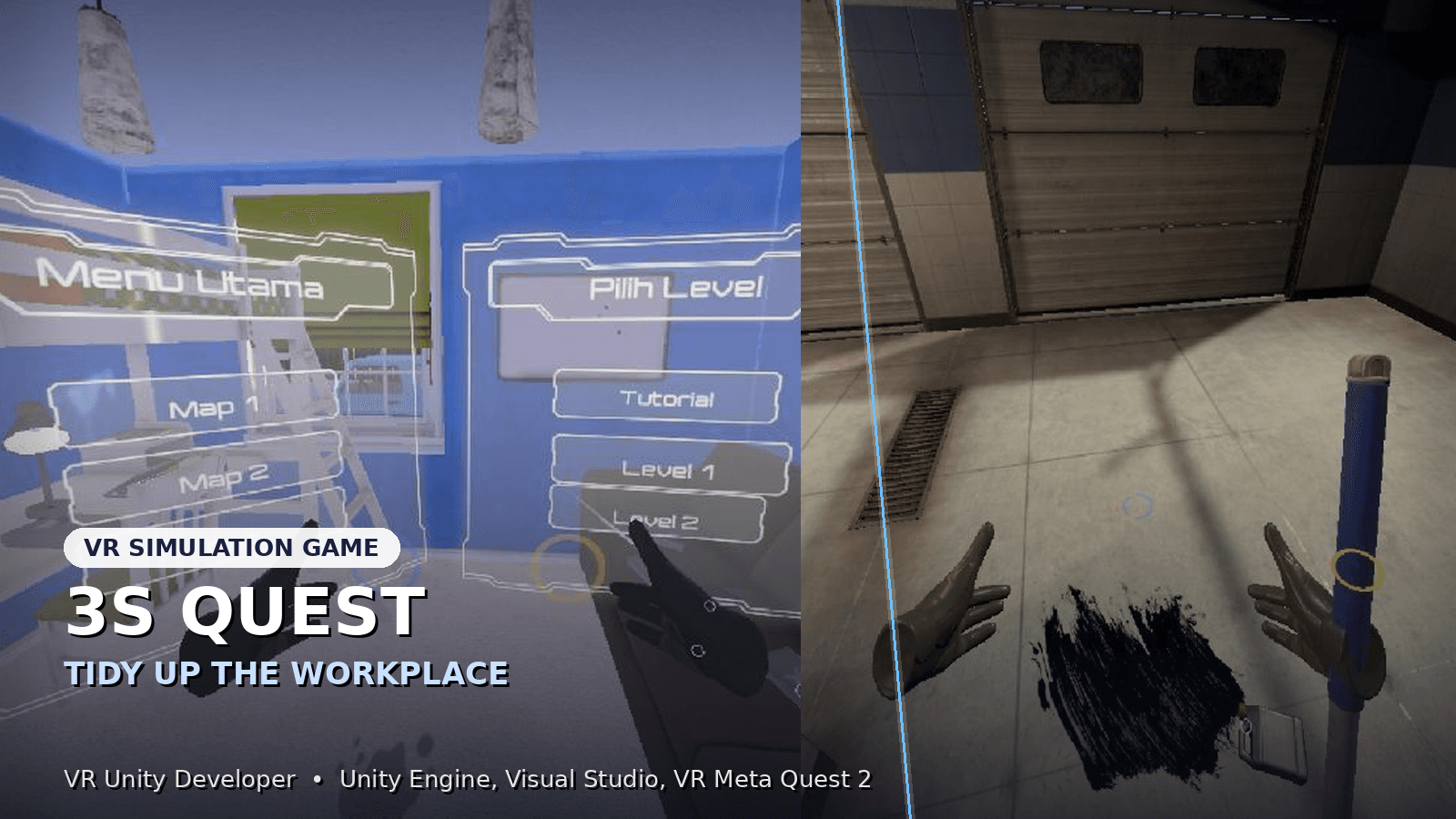 VR simulation game interface showing workplace organization menu with Sorting, Set in Order, and Shine level selection